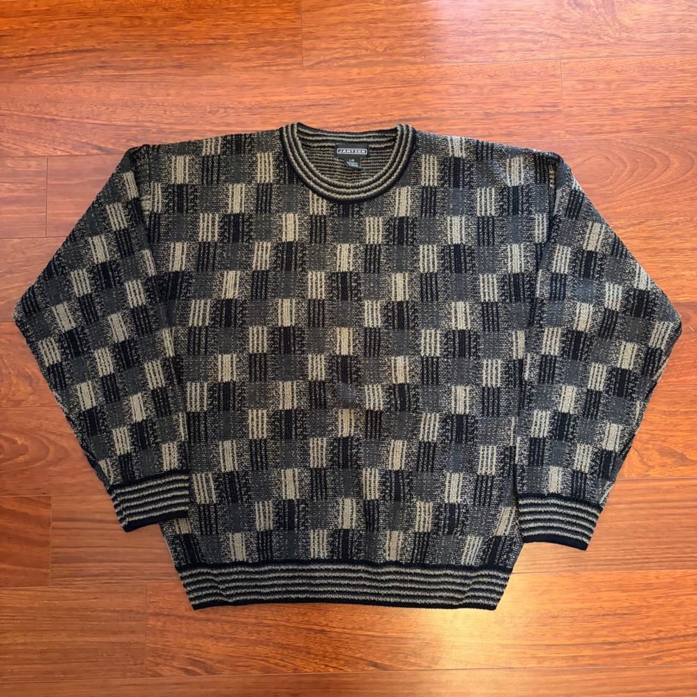 Jantzen Mens Large Sweater Black Grey Tan Geometric Checkered Vintage 90s Knit